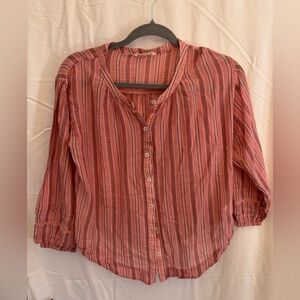Lucky Brand Striped Cotton Blouse XS Coral 3/4 Sleeve